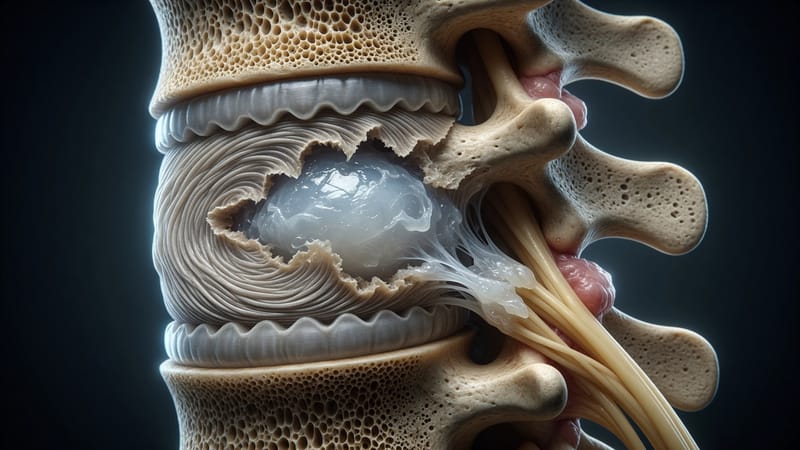 Anatomical illustration of disc material squeezing further out through a tear in the disc's outer wall.