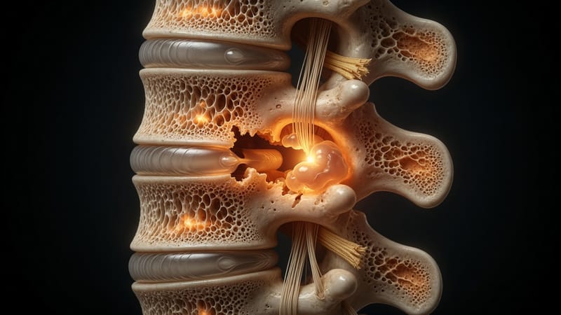 Anatomical illustration of a spinal disc whose inner gel has pushed out past its normal boundary.