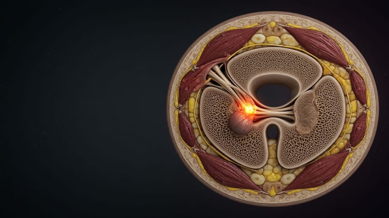 Cross-section illustration of the spinal canal showing where a disc can press on the nerves passing through it.