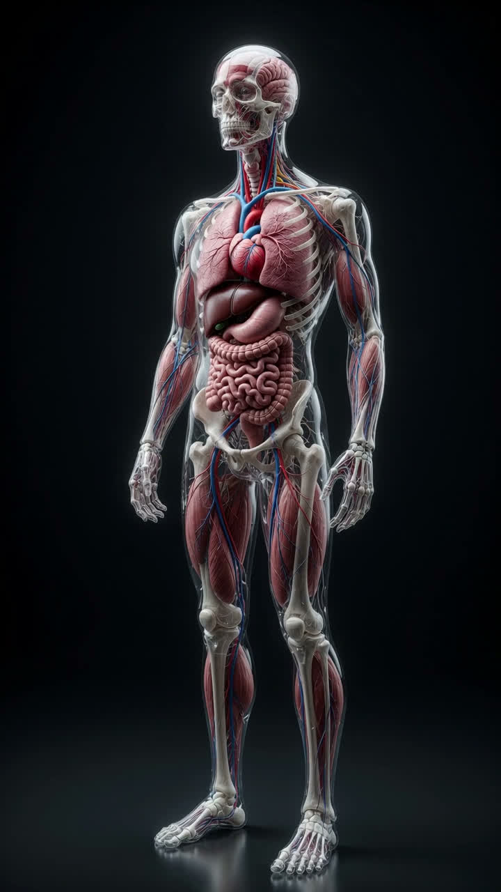 A translucent anatomical body model on a dark background, organs and spine softly visible — a general model, not a patient scan.